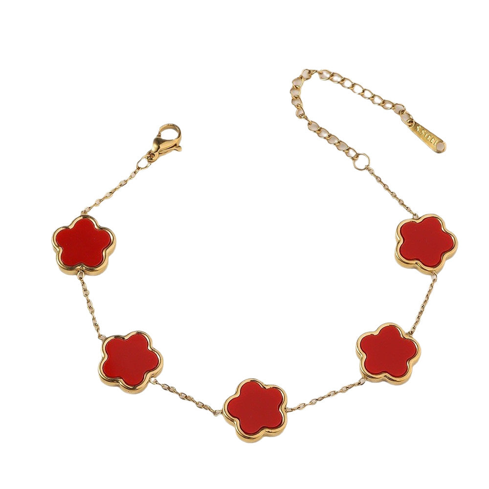 Labubu Hot Sale Stainless Steel Five-Leaf Clover Bracelet for Women - Sparkling, Waterproof, Non-Fading, Lucky Charm Jewelry
